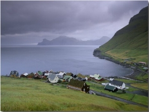 Elduvik Village, View over Funningsfjordur and Kalsoy Cliffs in the Distance, Esturoy Island