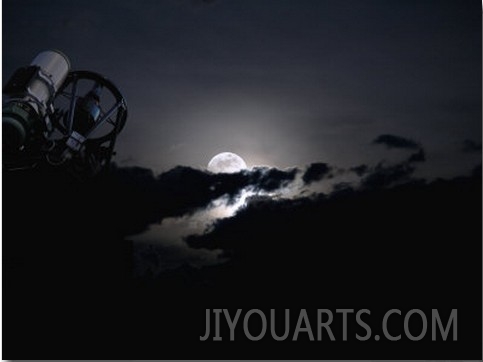 Telescope Pointed Out to the Night Sky with Moon and Clouds
