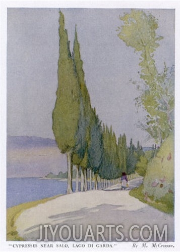 Row of Cypress Trees Edge the Path Near Salo Lake Garda