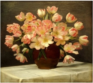 Tulips in a Vase on a Draped Table