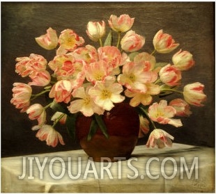 Tulips in a Vase on a Draped Table