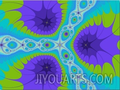 Abstract Purple and Green Fractal Designs on Turquoise Background