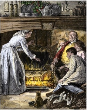 Family Waiting for Roast Pig and a Pot of Food Cooking for Christmas Dinner