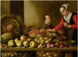 Girl Selling Grapes from a Large Table Laden with Fruit and Vegetables