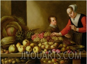 Girl Selling Grapes from a Large Table Laden with Fruit and Vegetables