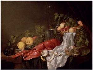 Still Life of Fruit and a Lobster on a Cloth Draped Table