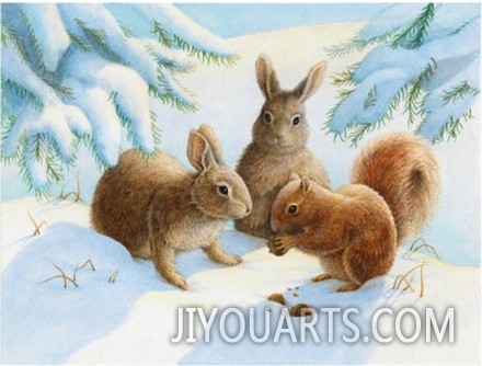 Rabbits and Squirrel in Snow