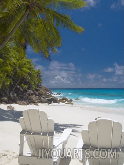 Two Adirondack Chairs on Tropical Beach, Seychelles, Indian Ocean, Africa