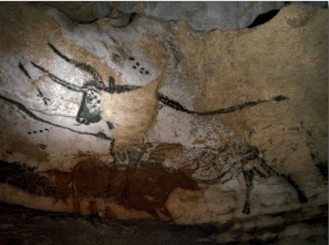 Paleolithic Art of Bulls on Calcite Walls of Lascaux Cave