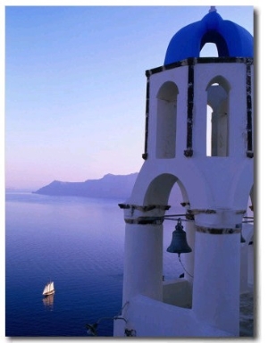 Church Belltower Tower and Yacht at Sea Below, Oia, Santorini Island, Southern Aegean, Greece