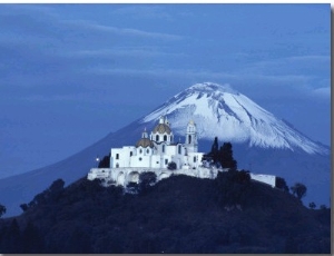 Mexico, Cholula, Catholic Church, Famous Twin Volcano in Background