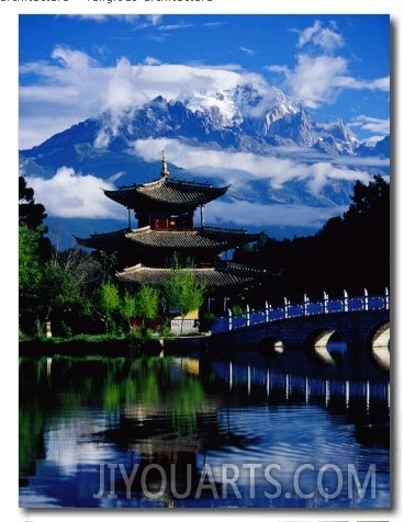 Pagoda Reflected in Black Dragon Pool in Front of Jade Dragon Snow Mountain, Lijiang, China