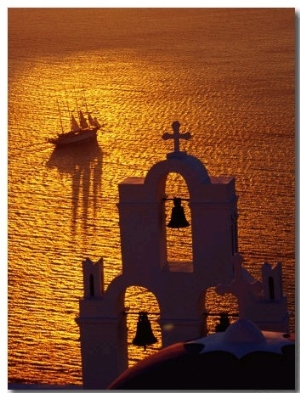 Sailing Ship and Church Bells at Sunset, Greece