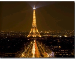 Nighttime View of Eiffel Tower and Champs Elysees, Paris, France