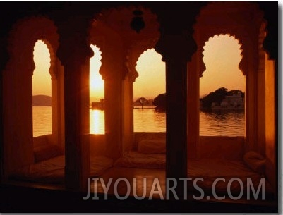 Sunset Over Lake Pichola Seen Through Arch Windows of Jagat Niwas Hotel, Udaipur, Rajasthan, India