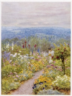 Kentish Garden, a Woman Picks Flowers from Large Herbaceous Borders in a Typical English Garden