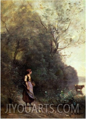 A Peasant Woman Grazing a Cow at the Edge of a Forest