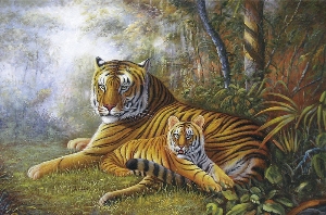 a tiger and her baby in the forest