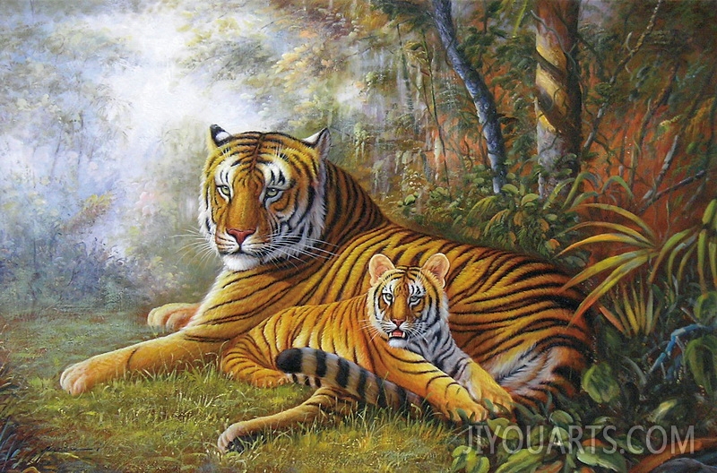 a tiger and her baby in the forest