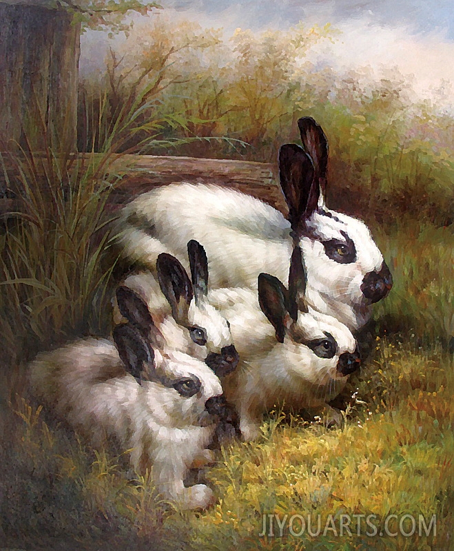 three white rabbits in the grass
