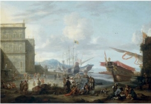 Capriccio of Mediterranean Harbour with Orientals and other Figures Conversing on Quay, 1657