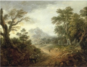 Wooded Landscape with Figures, Bridge, Donkeys, Distant Buildings and Mountain
