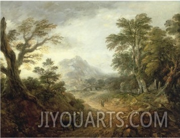Wooded Landscape with Figures, Bridge, Donkeys, Distant Buildings and Mountain