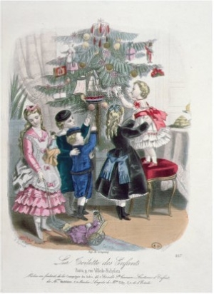 Decorating the Christmas Tree, Advertisment La Toilette Des Enfants, Engraved Derfermeville, 1872