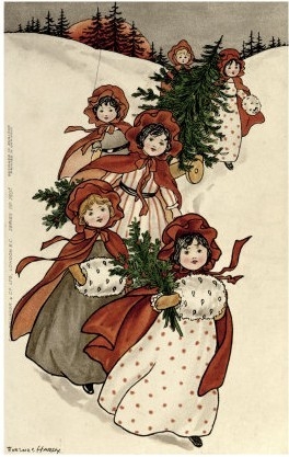 Little Girls with Holly and the Christmas Tree
