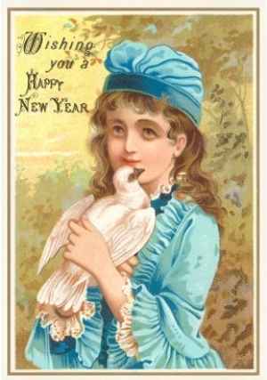 Wishing You a Happy New Year, Victorian Girl with Dove