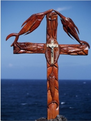 Easter Island, Wooden Cross Combining Christian Crucifix with Carved Emblems of Fish