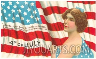 4th of July, Flag and Lady with Blue Bow
