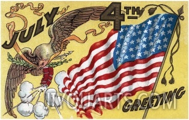 Fourth of July Greeting   Eagle Emblem Holding Fireworks, Flag