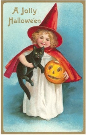 A Jolly Halloween, Little Girl Witch with Cat and Jack O