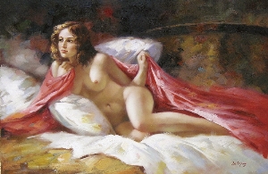 Nude Oil Painting 100% Handmade Museum Quality 0008,a nude beauty on the bed with red quilt on her