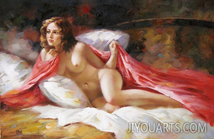 Nude Oil Painting 100% Handmade Museum Quality 0008,a nude beauty on the bed with red quilt on her