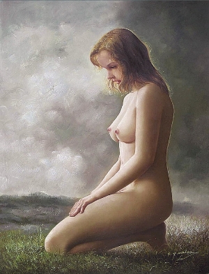 Nude Oil Painting 100% Handmade Museum Quality 0013,a nude woman kneeling on the grass