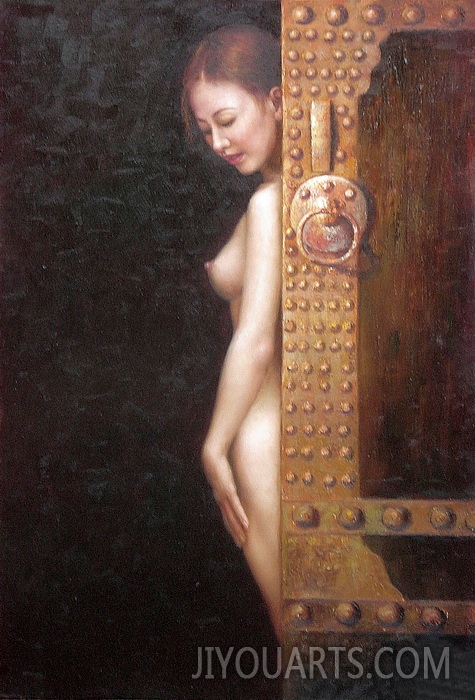 Nude Oil Painting 100% Handmade Museum Quality 0022,nude woman hiding behind the door