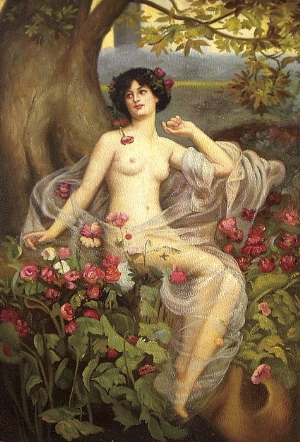 Nude Oil Painting 100% Handmade Museum Quality 0033,nude woman sitting under a tall tree among the flowers