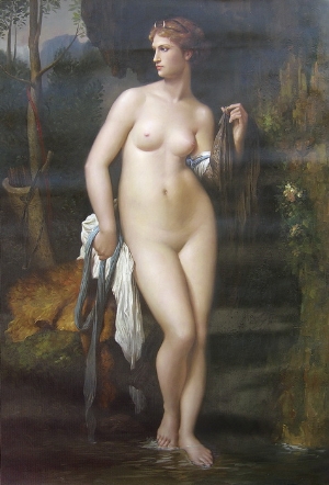 Nude Oil Painting 100% Handmade Museum Quality 0035,portrait of a nude girl taking a shower by the river