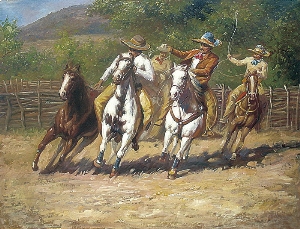 People Oil Painting 100% Handmade Museum Quality 0036,cowboys play horse racing