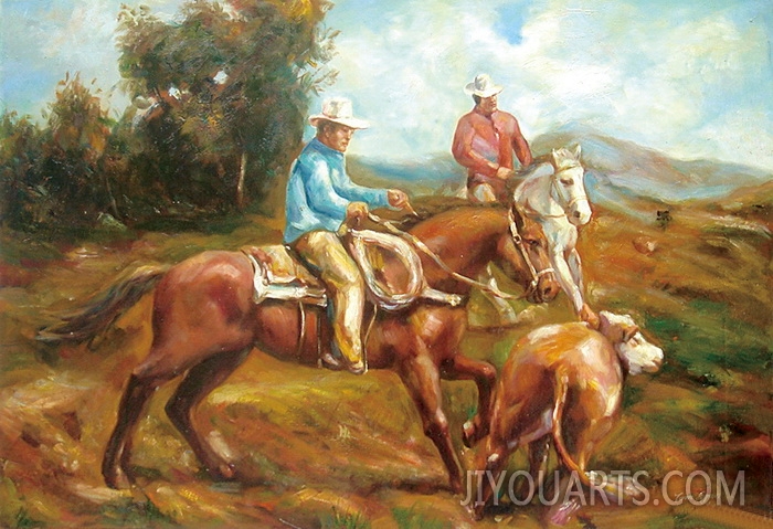 People Oil Painting 100% Handmade Museum Quality 0037,cowboys pasturing on the moutain