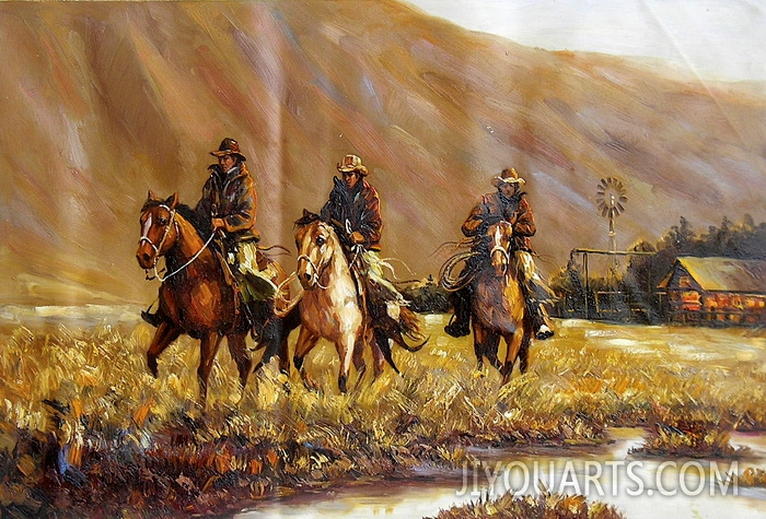 People Oil Painting 100% Handmade Museum Quality 0038,cowboys riding in the field