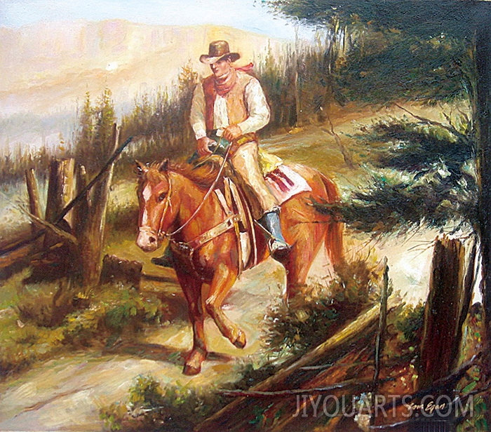 People Oil Painting 100% Handmade Museum Quality 0042,a cowboy walks a horse on the road