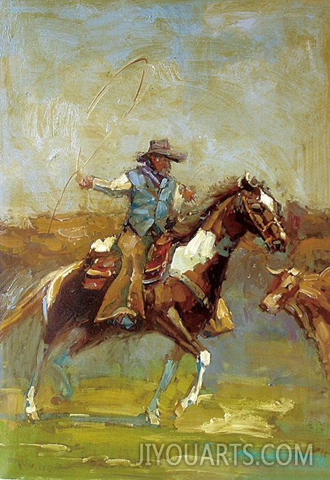 People Oil Painting 100% Handmade Museum Quality 0054,a cowboy capturing