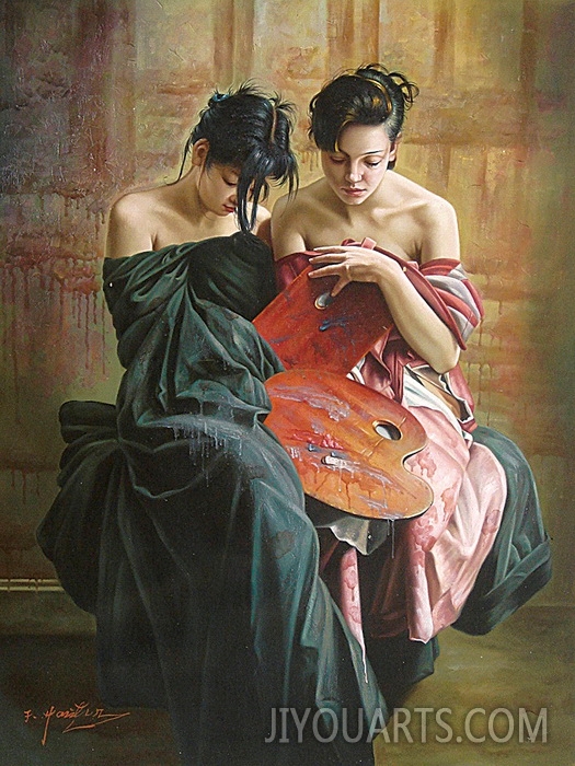 People Oil Painting 100% Handmade Museum Quality 0162,two Chinese women