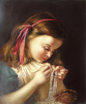 People Oil Painting 100% Handmade Museum Quality 0168,a young girl sewing