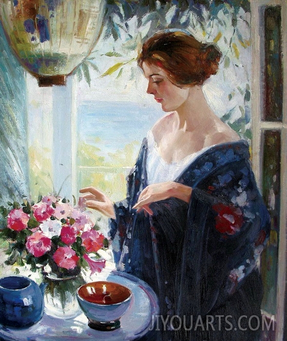 People Oil Painting 100% Handmade Museum Quality 0175,young woman looking at the flowers on the table