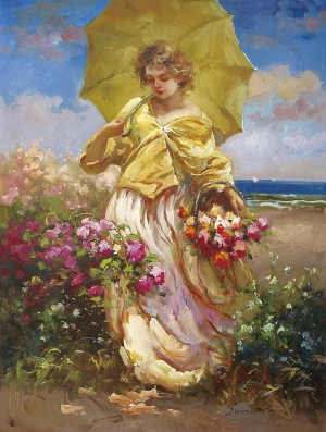 People Oil Painting 100% Handmade Museum Quality 0180,woman picking flowers in the seashore