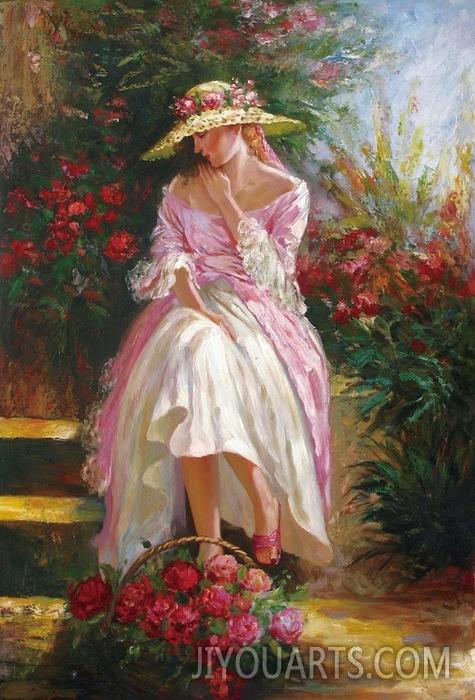 People Oil Painting 100% Handmade Museum Quality 0184,a young girl taking a rest after picking a basket of flowers in the garden
